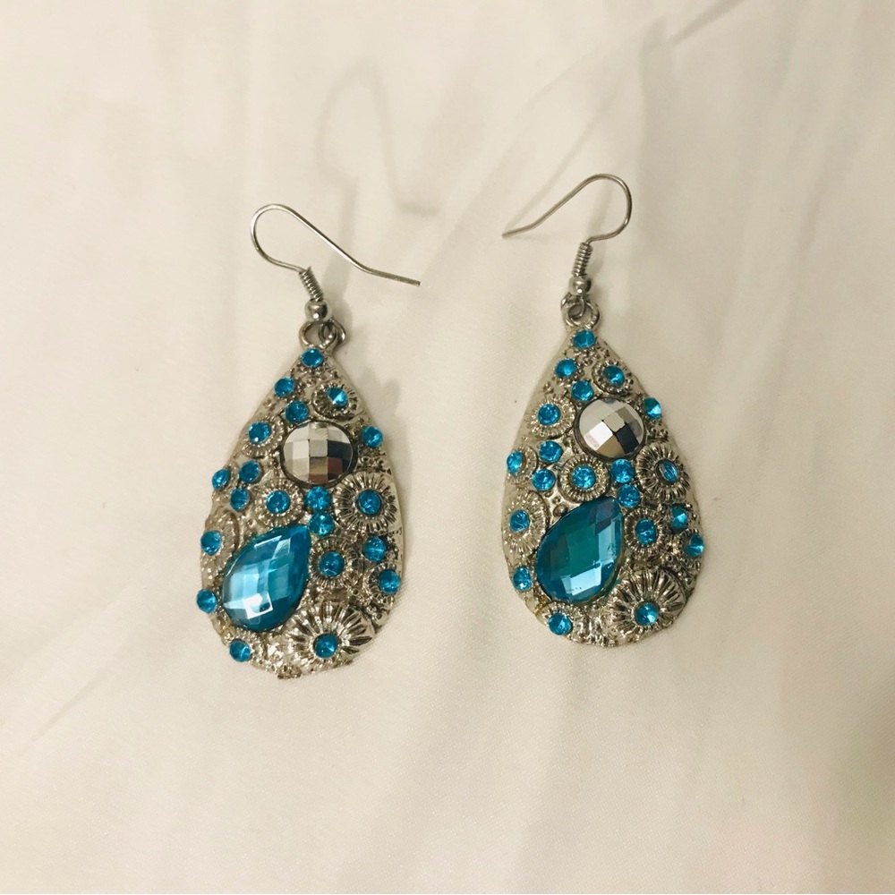 Faux Aquamarine Crystal Earrings, Oval Shaped, 1 1/2”, Wear on All Occasions